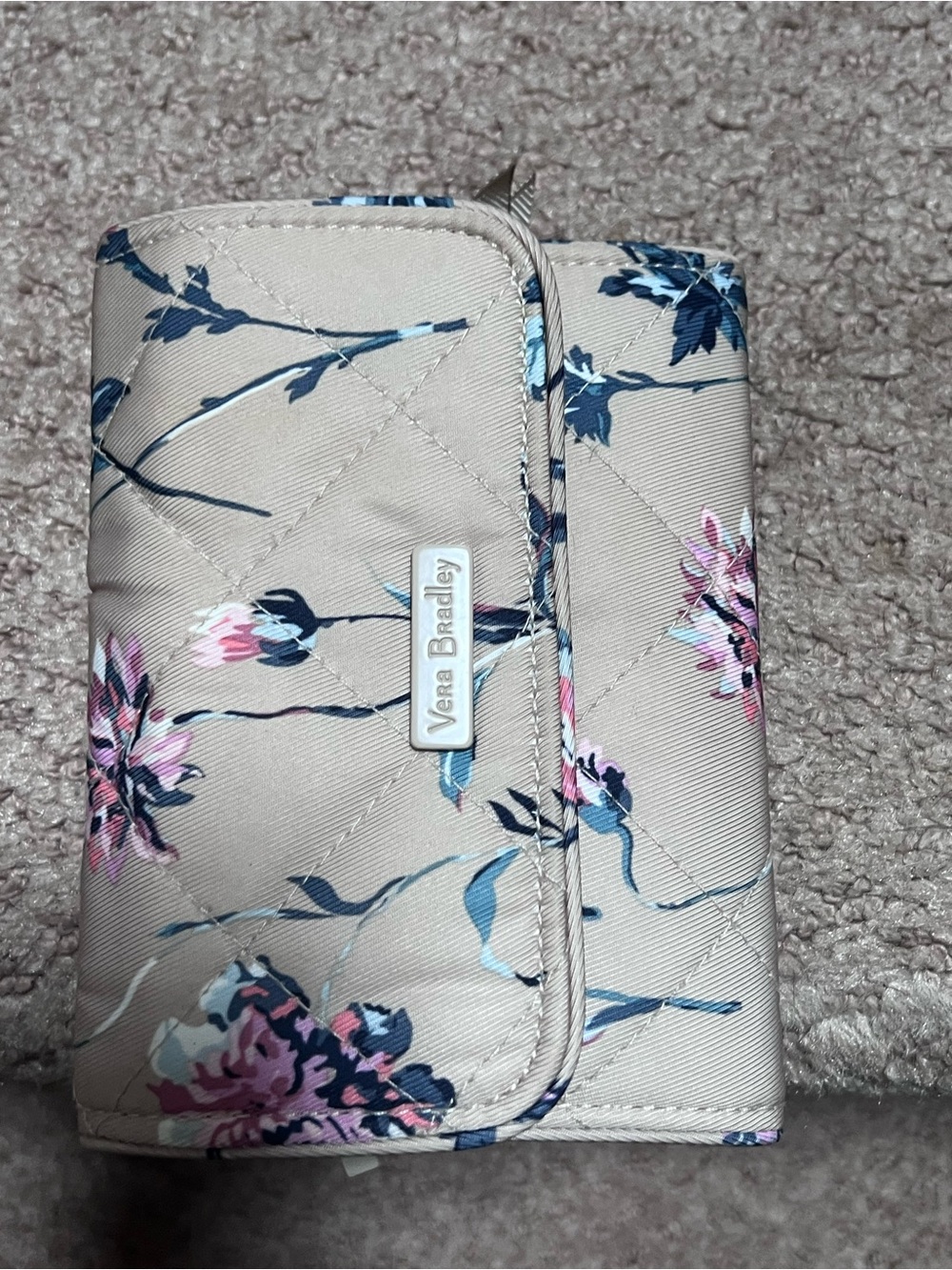 Vera Bradley Beige Floral Quilted Wallet with Blue & Pink Accents
